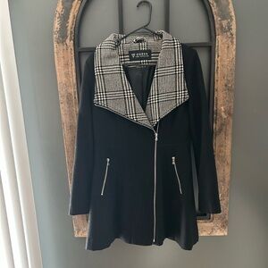 GUESS Black Trench Coat with Plaid Collar
